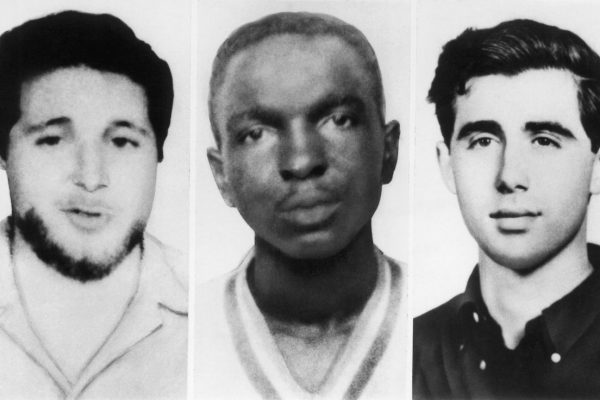 From left, Michael Schwerner, James Chaney, and Andrew Goodman were three CORE civil rights workers who were murdered in Mississippi by members of the Ku Klux Klan, Philadelphia, Mississippi, June 24, 1964. (Photo by Underwood Archives/Getty Images)