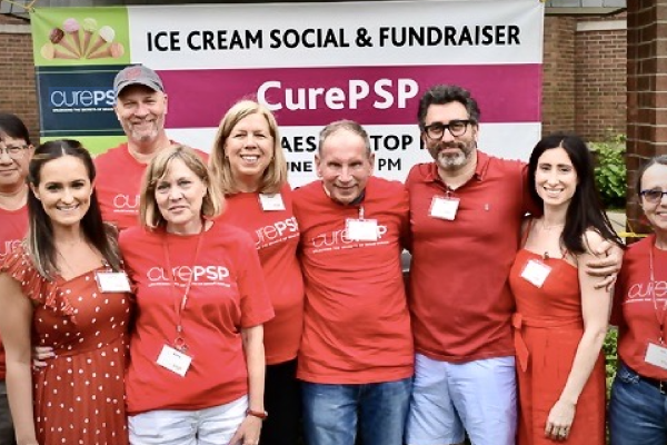 A 2019 CurePSP “Sundaes to Stop PSP” fundraiser in Chicago with (left to right) David Takehara, Joanna Andra, Mark Peterson, Kathy Louden, Nancy, Pete, Mario Greco, Jacqueline Pitrack, and Deb Takehara.